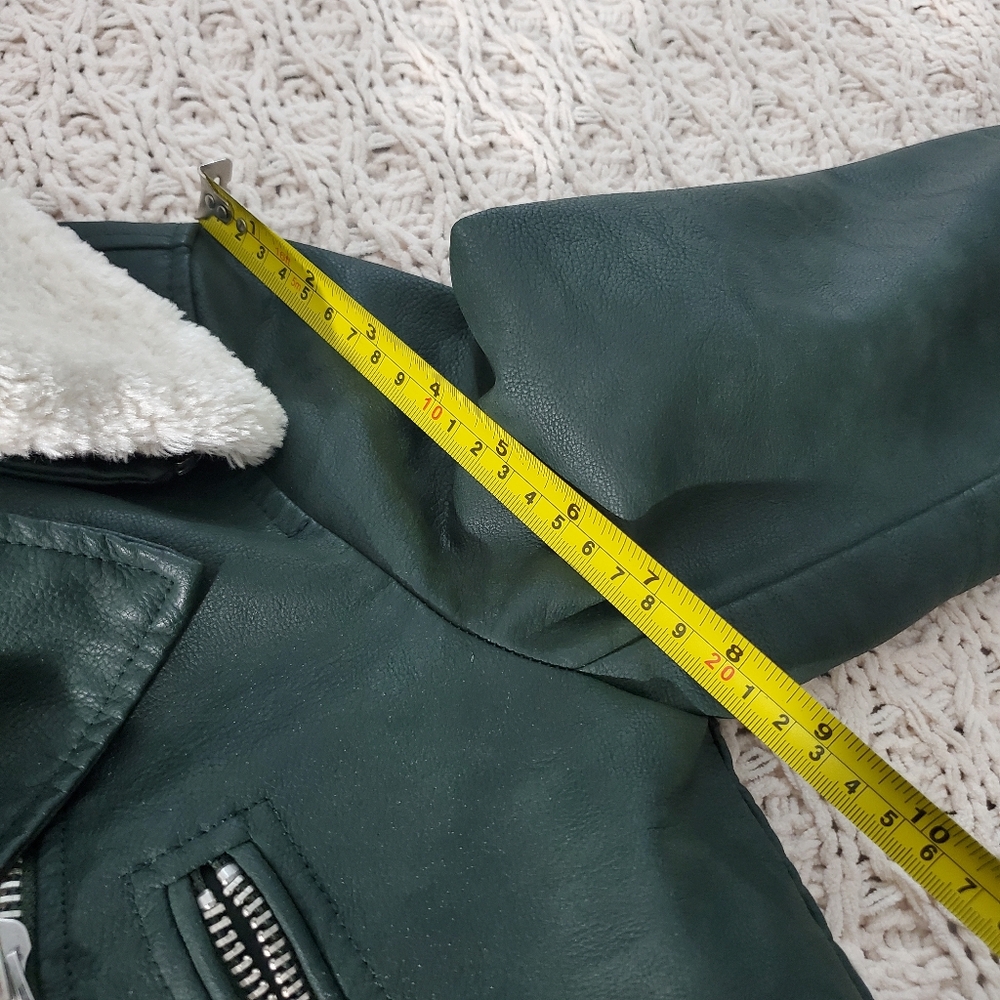 Green Shearling Aviator Collar Versatile Moto Jacket - Picture 14 of 16